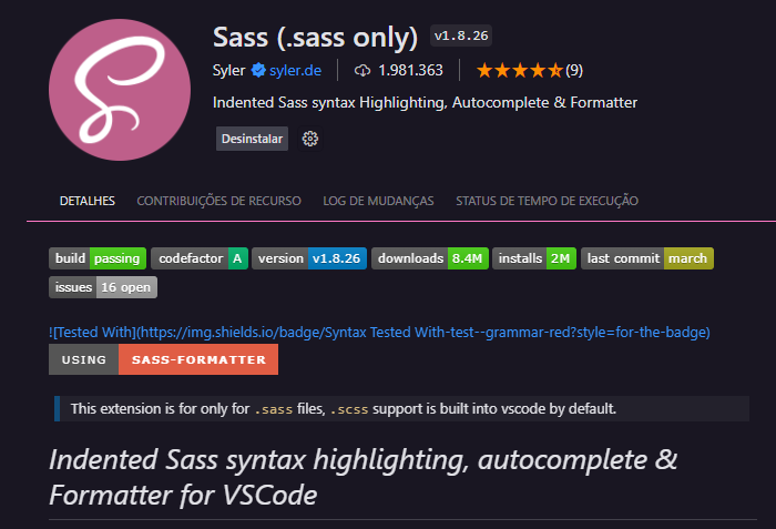 Extensão Sass (.sass only) no Vs Code