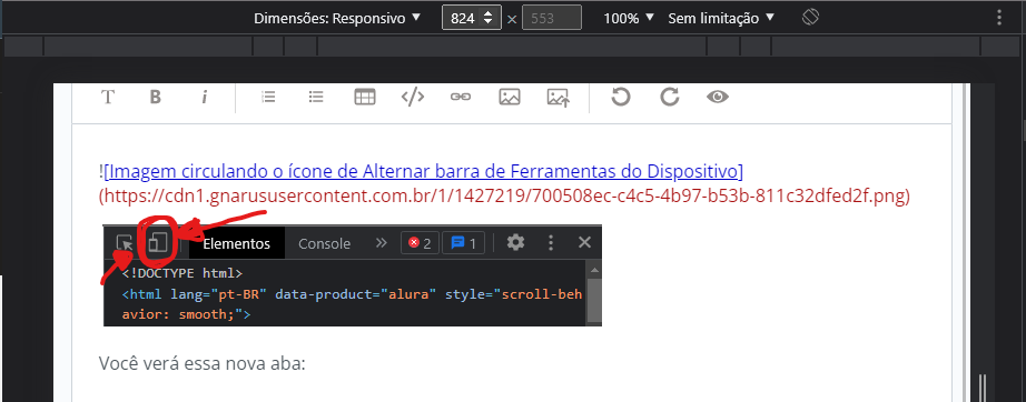 Captura desta tela com o painel de ferramenta de dispositivo aberto, mostrando Dimensões: Responsivo e tamanhos aleatórios de largura e altura