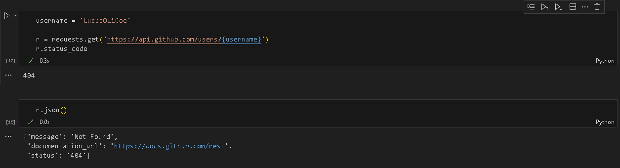 Quando vou fazer o requests.get para requisitar os dados de um username específico es tá dando esse erro. Já tentei com vários usernames e não deu certo.