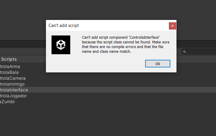 Erro "Can't add script component"