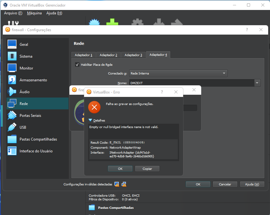 Print da tela do virtualbox com o erro que diz: falha ao gravar configurações.