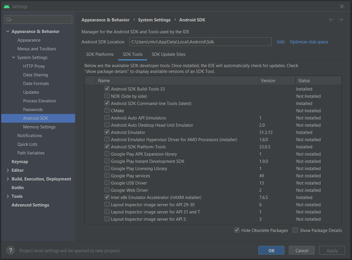 Configuração SDK Tools