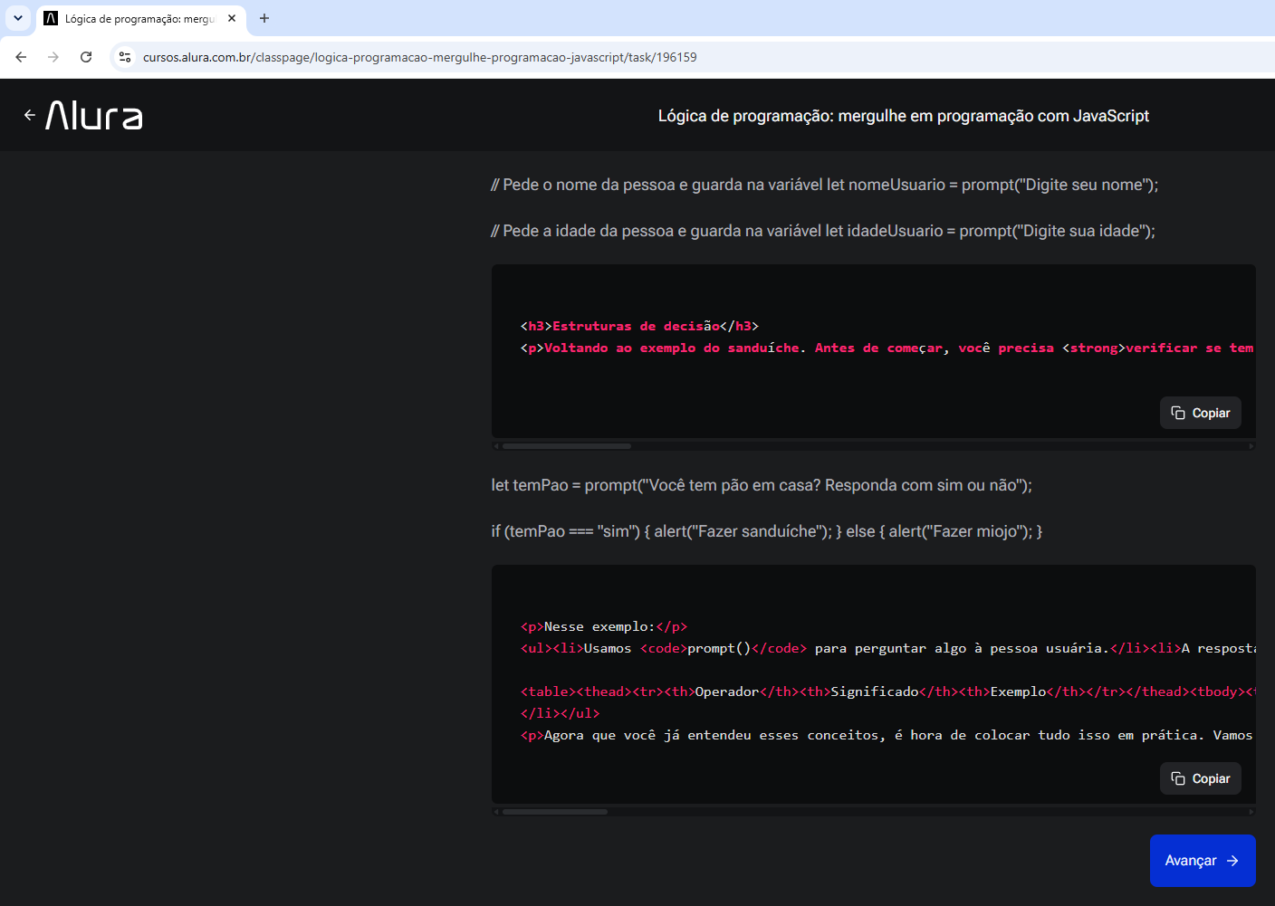 Imagem mostrando um bug da plataforma Alura em uma das páginas do curso Lógica de Programação: mergulhe em programação com JavaScript