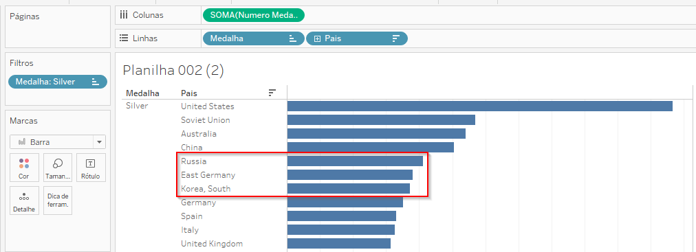 Exemplo com filtro Medalha "Silver", onde 3 países estão na frente de "Germany", mas quando filtramos por País "Superior", os mesmos não aparecem.