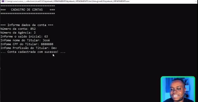 Código compilado com as informações: Número da conta: 852
Número da agência: 2
Saldo inicial: 63
Titular: José
CPF: 8888888
Profissão: Dev