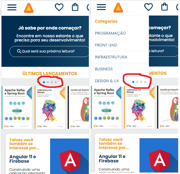 os 4 pontinhos da barra de movimento do carrossel ficam em cima do menu hamburger quando eu abro