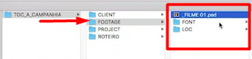 Printscreen da tela de instrutor mostrando FOOTAGE com arquivo psd, arquivo FONT e arquivo LOC inserido dentro de FOOTAGE.