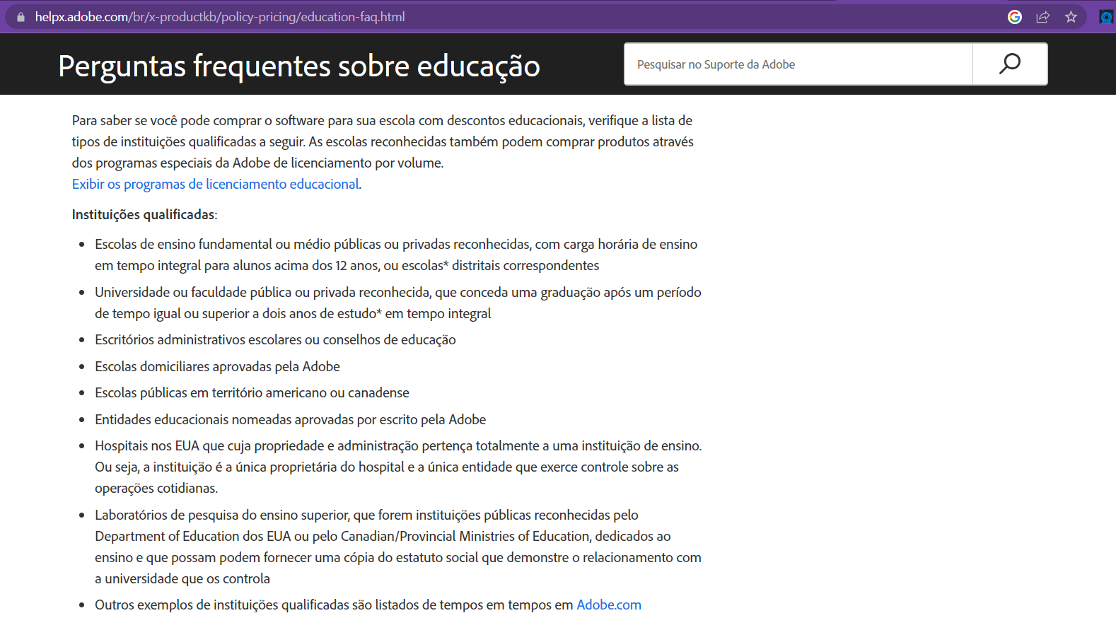 PrintScreen de site de auxílio de Adobe.com