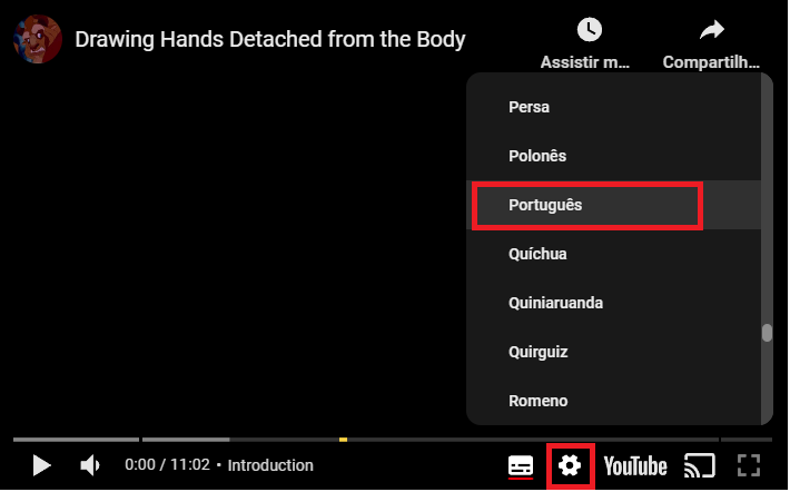 Print de tela de vídeo do Youtube que mostra uma lista de idiomas, estando na tela "Persa", "Polonês", "Português" marcado com retângulo em vermelho, "Quíchua", "Quiniaruanda", "Quirquiz" e "Romeno"