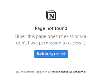 PrintScreen de Notion, em que aparece "Page not found - Either this page doesn't exist or you don't have permission to access it."