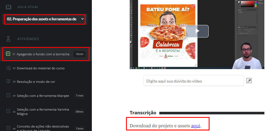 Printscreen do curso Adobe Photoshop: conceitos essenciais, com  "02. Preparaçãodos assets e ferramentas de seleção" e "01 Apagando o fundo com a borracha" marcados com retângulo vermelho