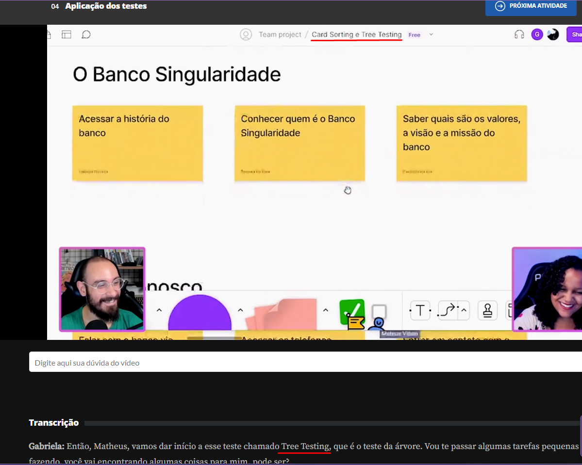 PrintScreen de aula sobre Tree Testing/Card Sorting