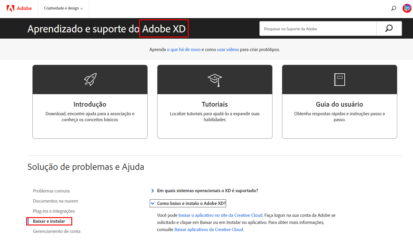 PrintScreen da página de aprendizado e suporte do Adobe XD