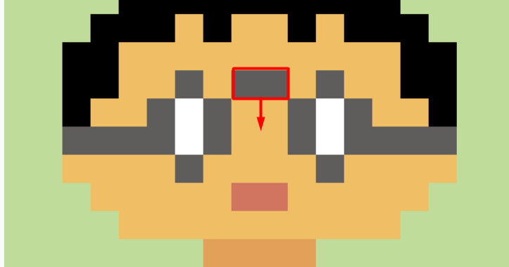 Printscreen de pixel art com conexão do óculos marcada e direcionamento para mudar para o meio tal conexão