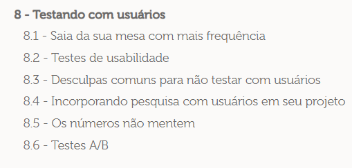 Printscreen da parte 8 do livro Introdução e boas práticas em UX Design, parte que fala sobre testes com pessoas usuárias