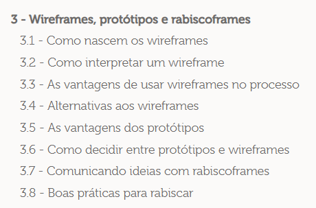 Printscreen da parte 3 do livro Introdução e boas práticas em UX Design, parte que fala sobre wireframes, protótipos e rabiscoframes