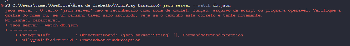 Erro mostrado ao digitar o json-server 