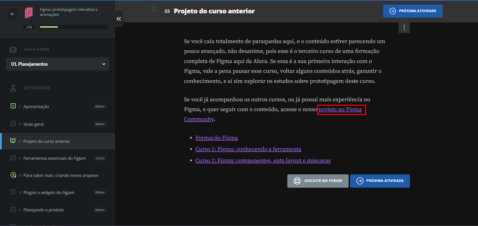 Print da tela contendo a descrição sobre o  projeto da aula anterior e o que fazer a seguir.