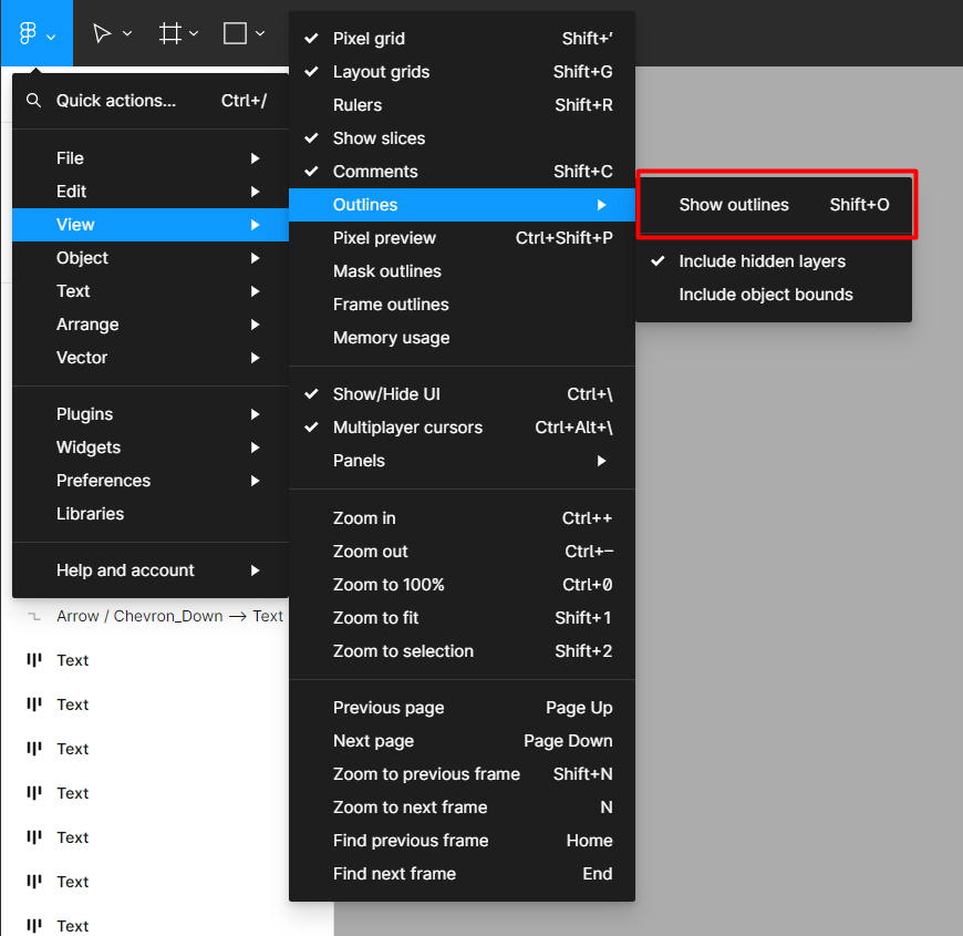 Print do menu do Figma, com destaque em azul à opção View e depois Outline. Destacada em um retângulo vermelho há a opção Show outline.