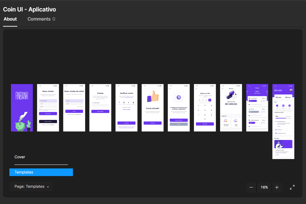 Print do figma community com a página de tamplates do projeto Coin UI selecionada. 