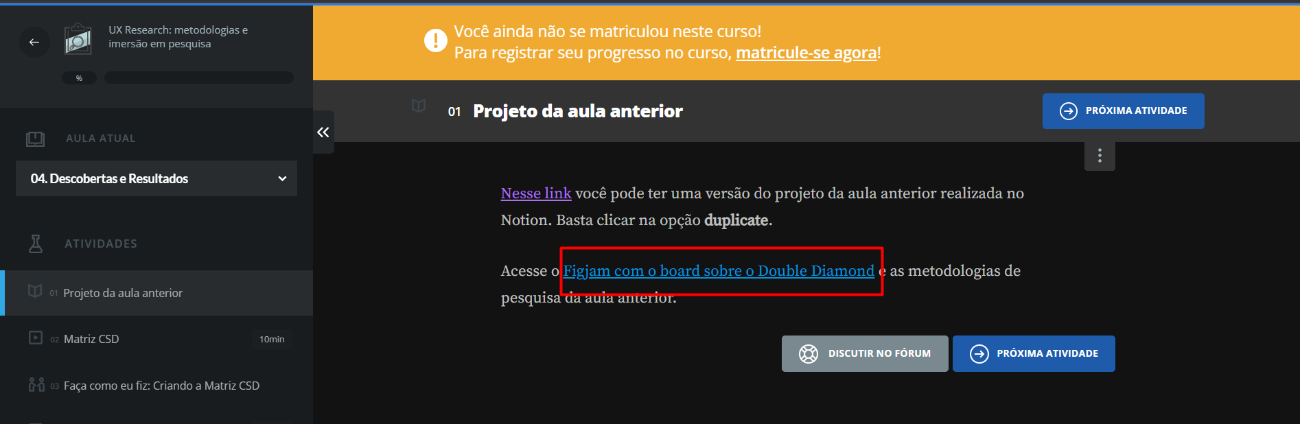 Print da plataforma Alura com destaque a atividade que tem o arquivo do duplo diamante.