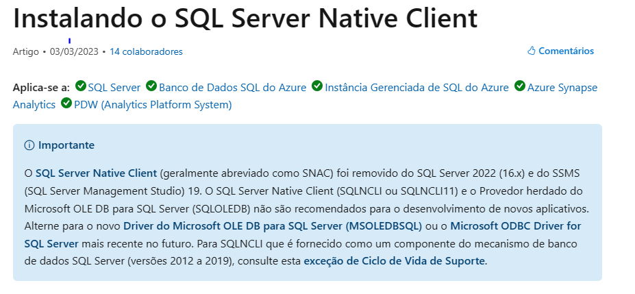 Informação no site da Microsoft sobre o SQL Server Native Client