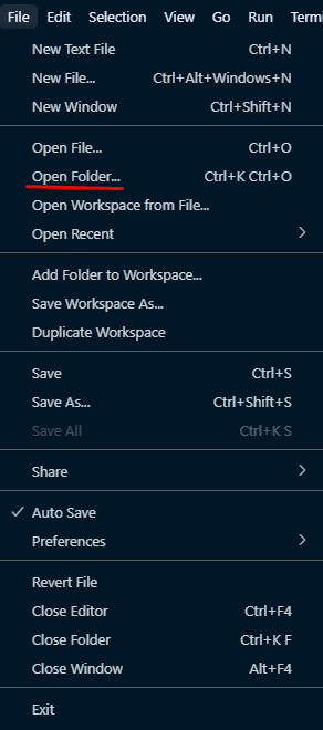 Função "Open Folder" na guia "File" no Visual Studio Code