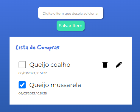 dois itens incluídos, um com checkbox marcado e outro sem estar marcado. No marcado deveria estar com o nome riscado