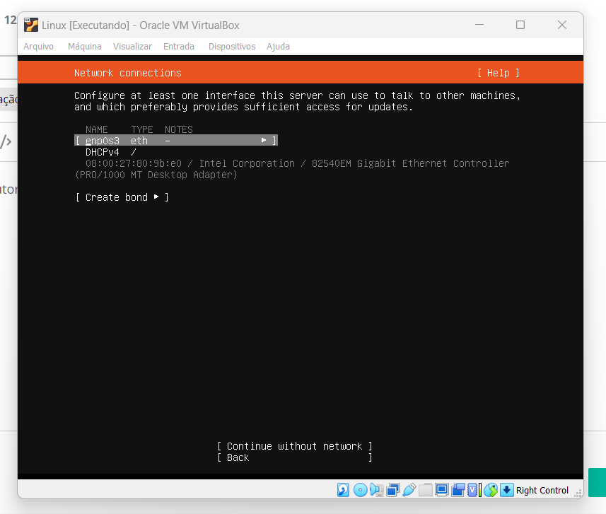 Imagem do sistema linux sem achar o dhcpv4, e em baixo me deu a opção de continuar sem internet