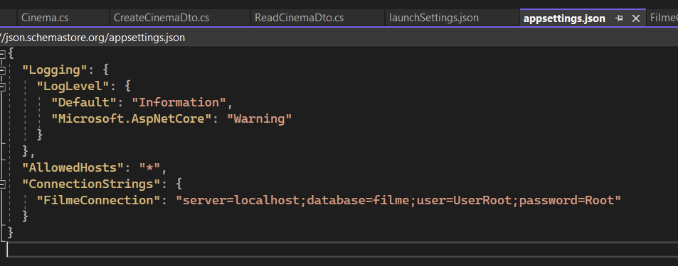 Captura de tela do arquivo appsettings.json