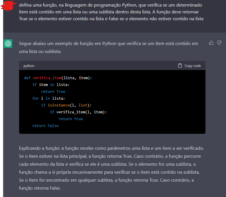 Captura de uma tela do chatGPT contendo uma solicitação do usuário para criar uma função e a resposta do bot com a função em Python