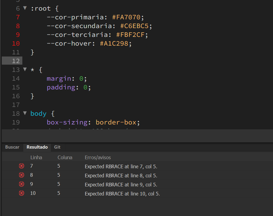  erro do RBRACE :root { --variavel:x; } 