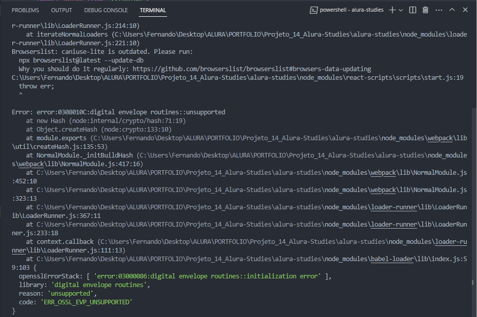 não consigo rodar meu programa pois esta dando esse bug, já diminui até a versão do node, porém sem resultados