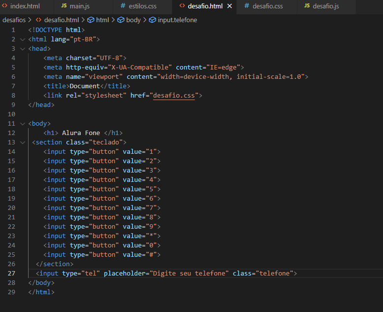 Print da Tela do VSCode contendo o código HTML do desafio proposto