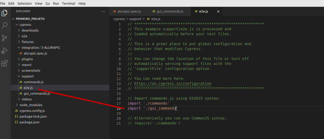 e2e.js porque na versão que estou do meu cypress não tem o index.js