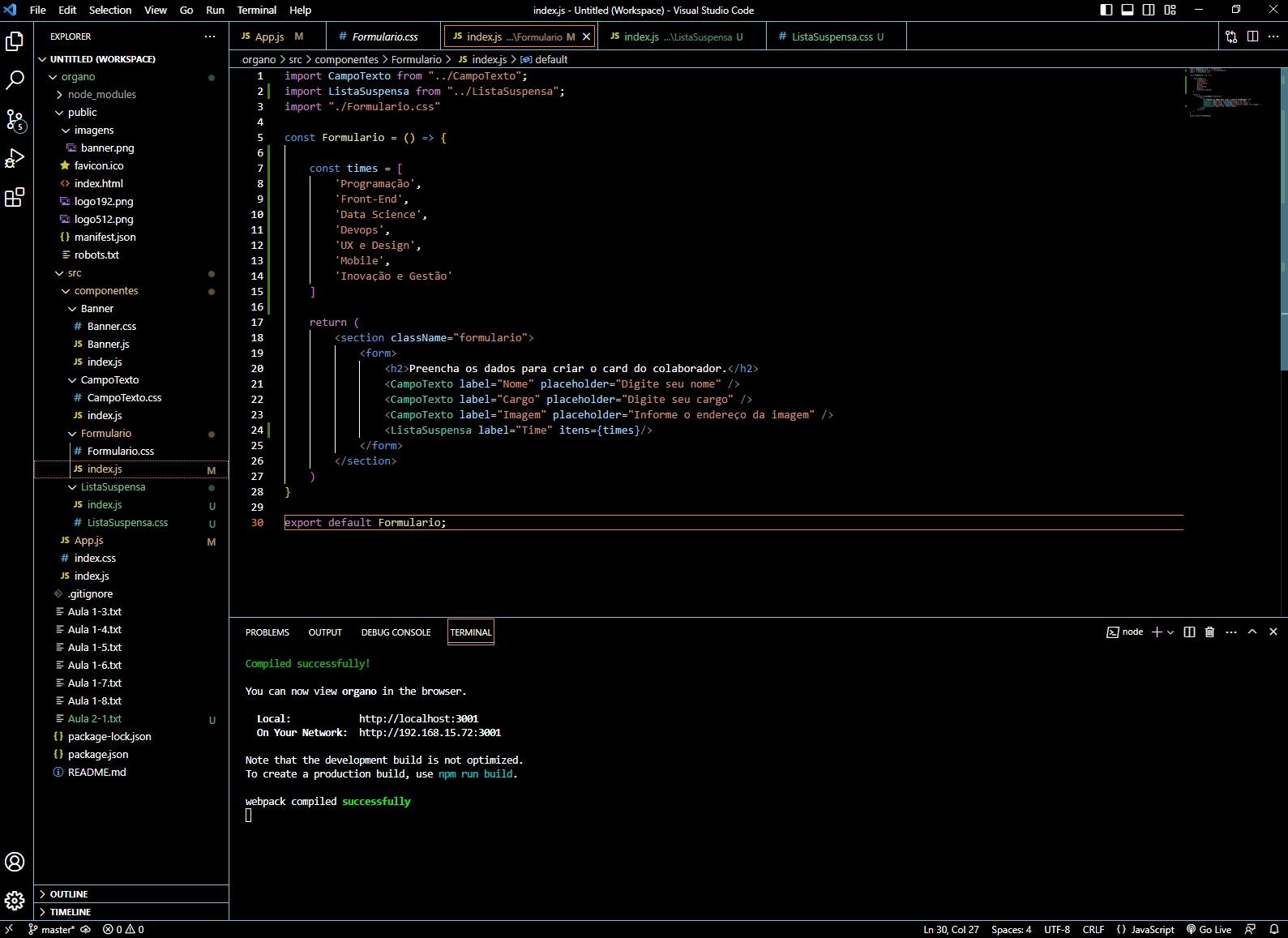 Captura de tela do arquivo index.js da pasta Formulario