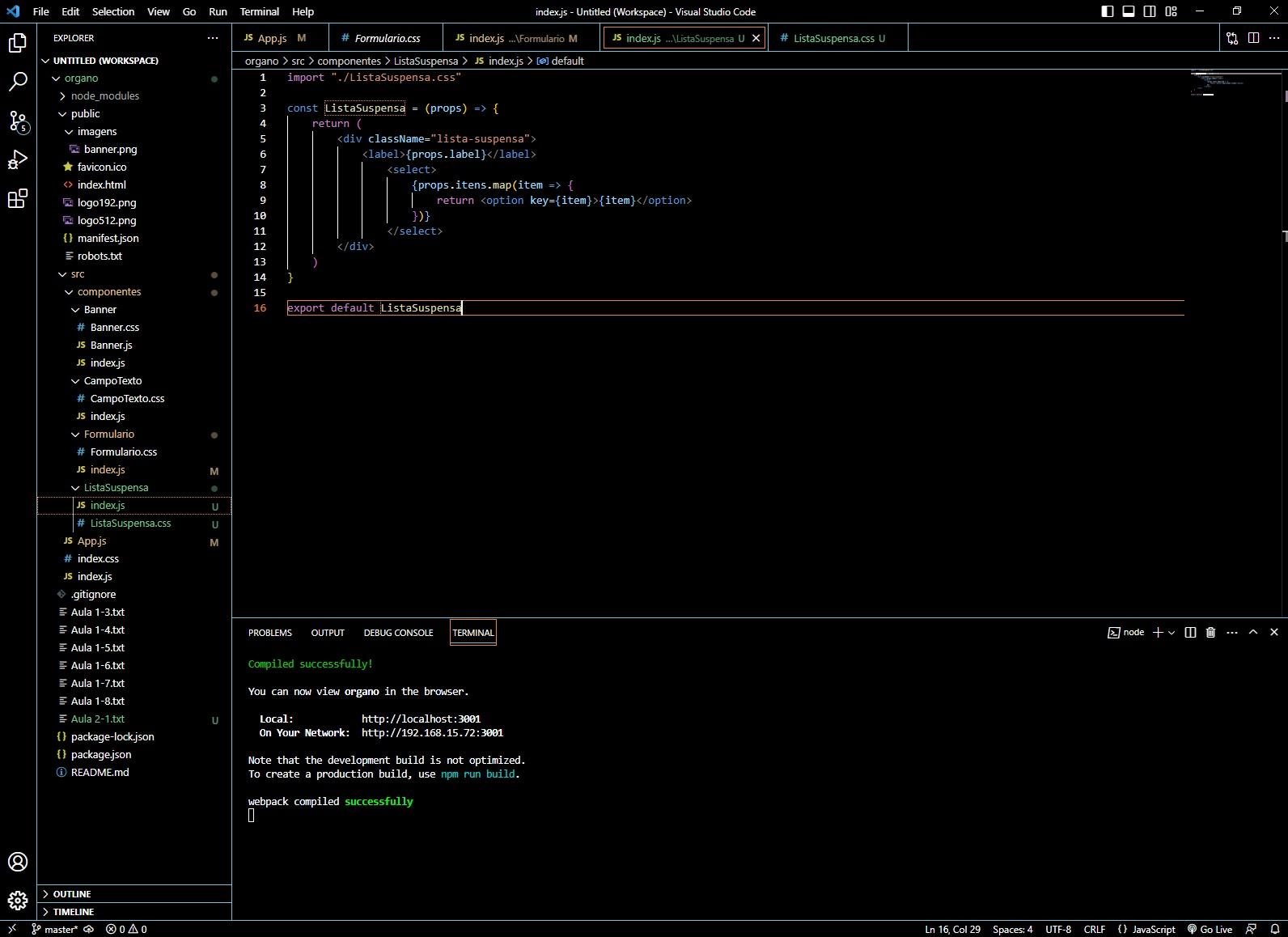 Captura de tela do arquivo index.js da pasta ListaSuspensa