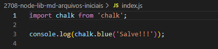 Snippet do código em que é feito o import com um console.log para imprimir a mensagem na cor azul