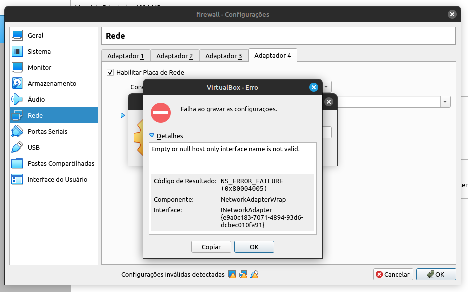 Erro ao adicionar o 4 adaptador de rede