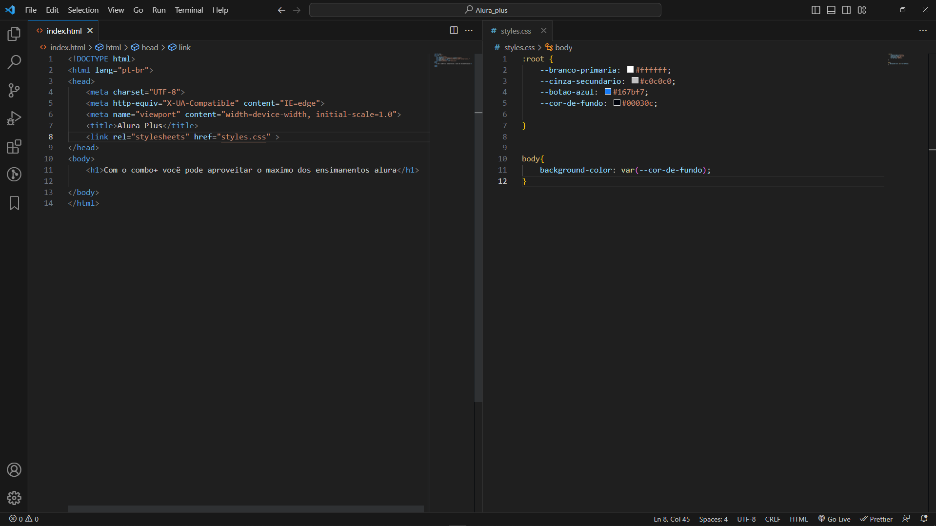VsCode pagina HTML e pagina CSS