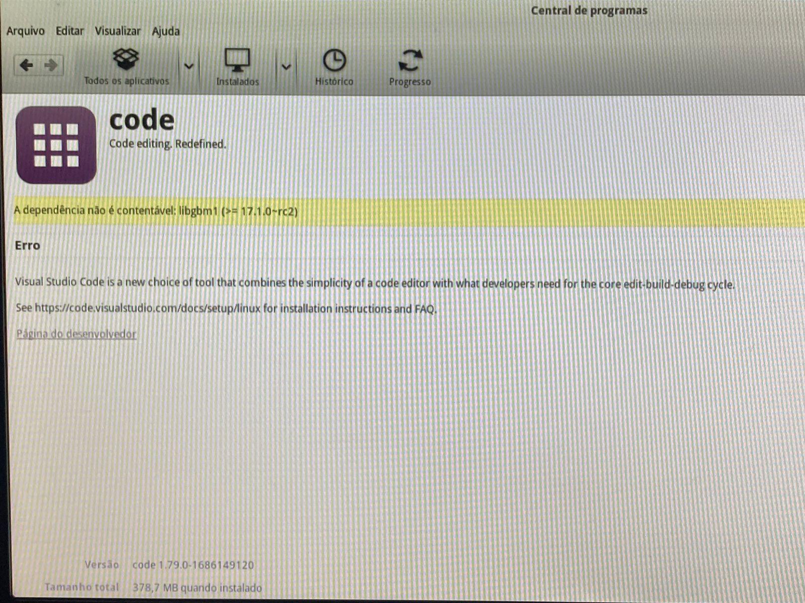 tela com erro para instalar vs code