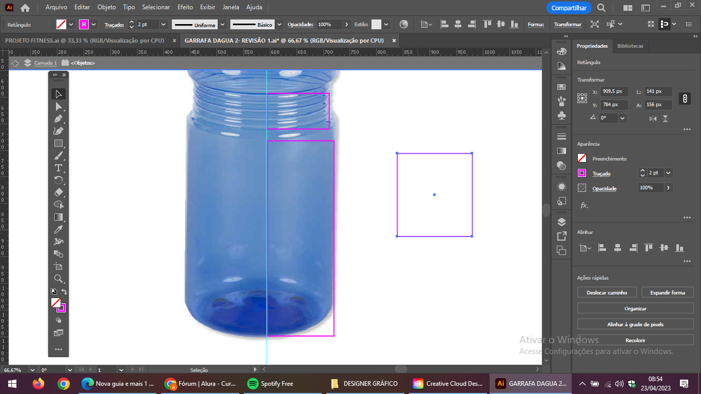 imagem da garrafa azul referente ao exercício um de illustrator com três retângulos rosa