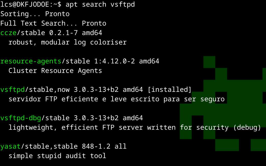 Uma tela preta com o resultado do comando apt search vsftpd