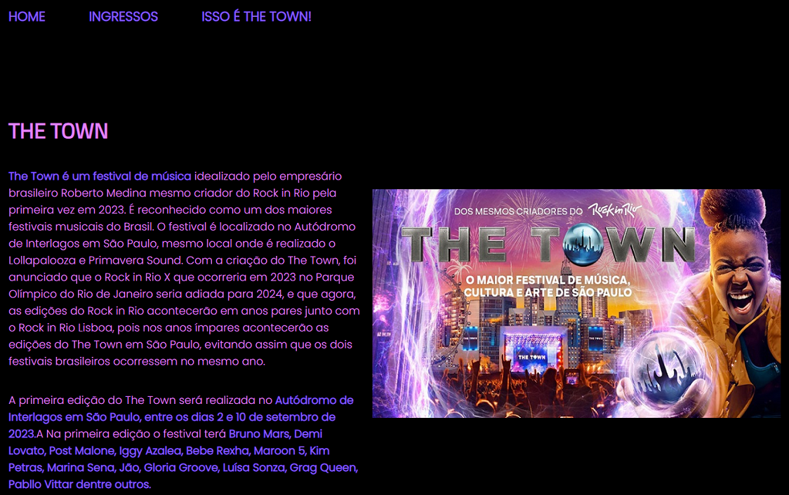 Ao clicar em "ISSO É THE TOWN" somo redirecionados para essa page, onde há informações sobre o evento e seus participantes.