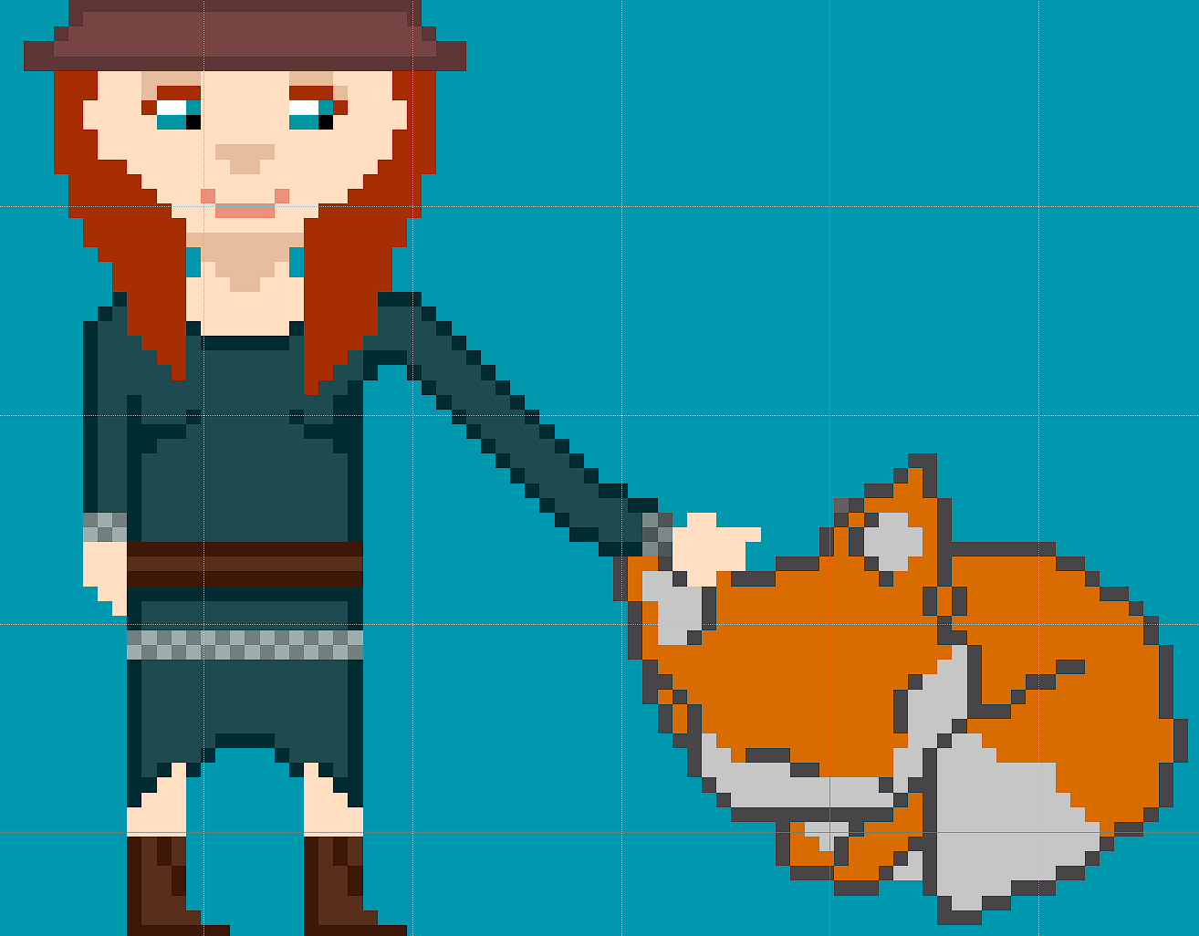 Personagem feminina em pixel art de 64 PX, ruiva com um chapéu, sorrindo e acariciando uma raposa dormindo 