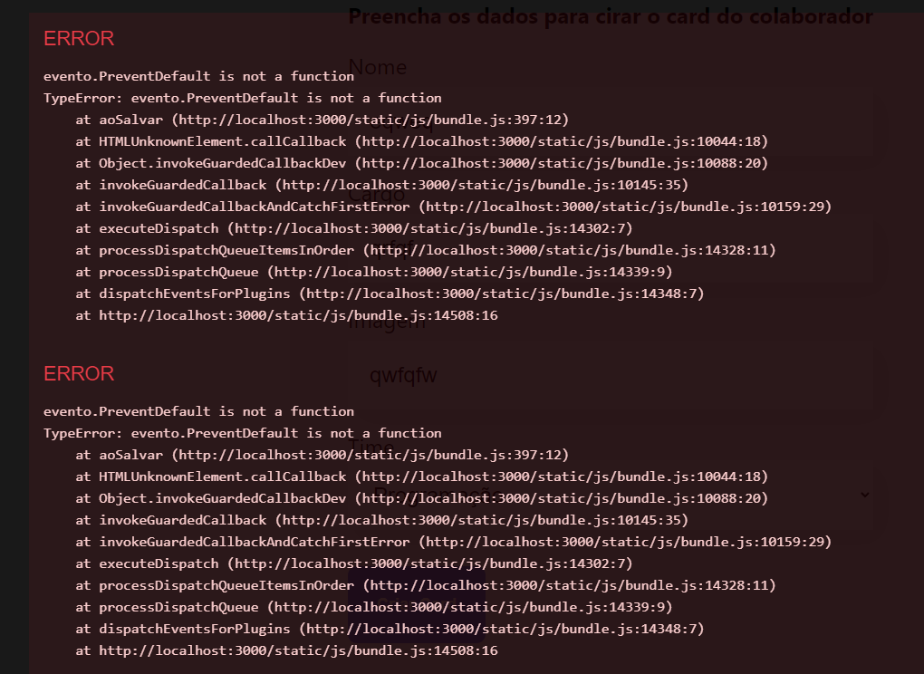 Tela de erro do react mostrando o erro "evento.PreventDefault is not a function"