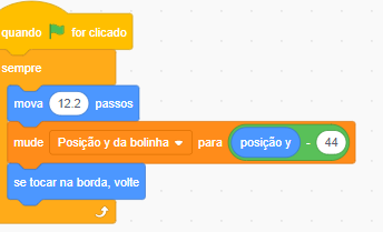 Já tentei várias alternativas mudando os passo da bolinha e a subtração da posiçãoY