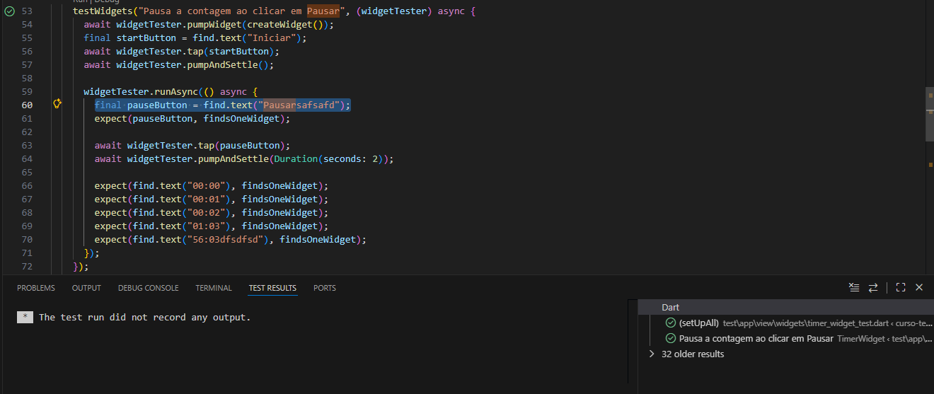 Captura de tela demonstrando erro em teste realizado em aula
