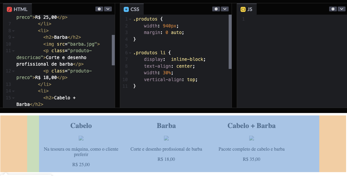 um screenshot do código html renderizado dentro do site codepen exibindo o tamanho do container