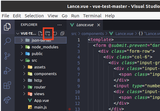 ScreenShot do VSCode indicando o ícone com a ação de adicionar uma nova pasta